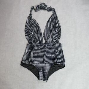 COCOSHIP One Piece Swimsuit Womens 3XL Black Striped High Waist Halter Pin Up